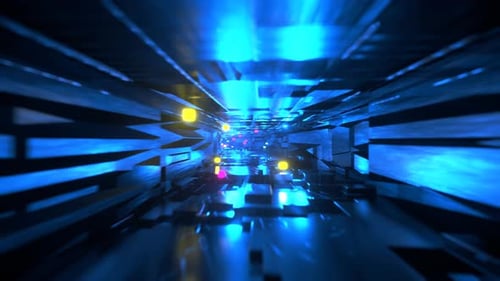 Camera movement along a metal corridor, luminous elements. spaceship corridor. Seamless animation.