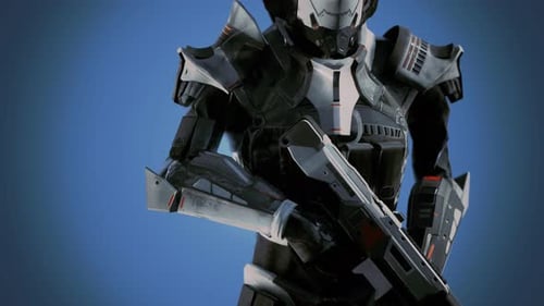 Soldat futuriste en armure d'acier avec le pistolet Cyber Punk