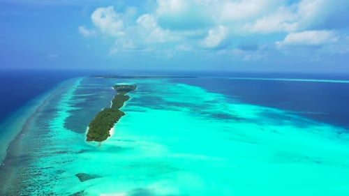 Aerial drone scenery of idyllic sea view beach trip by transparent lagoon with white sand background