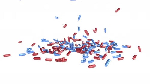 Blaurote Pillenkapsel fallen auf weiße Oberfläche | Medizinisches Konzept
