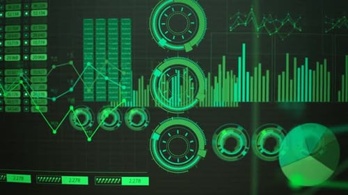 Advanced futuristic graphic interface. Displays abstract diagrams and charts.