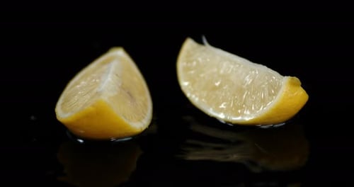 Two Lemon Wedges on Black Reflective Surface