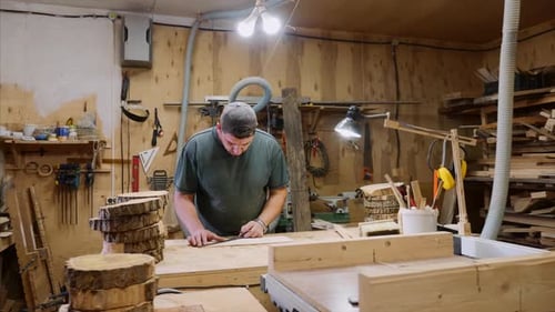 Man Drawing on Wood in Woodworking Workshop