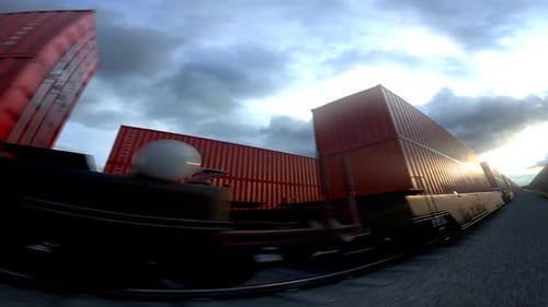 Fast Moving Freight Train with Red Shipping Containers