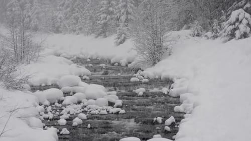 Heavy snow falls over a snow lined river