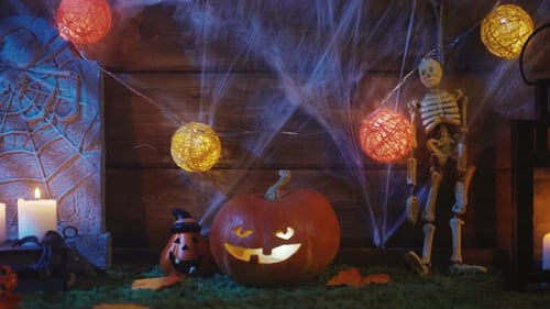 Halloween Scene with Pumpkins, Skeleton, Lights