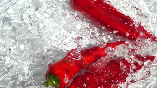 Three Red Peppers Splash into Water