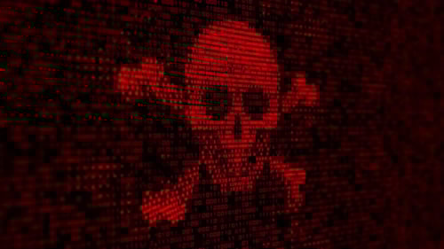Computer server got attacked with malware by hacker, binary death skull symbol alert screen.