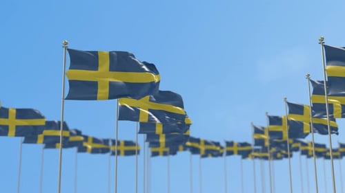 Multiple Realistic Swedish Flags Waving in Blue Sky