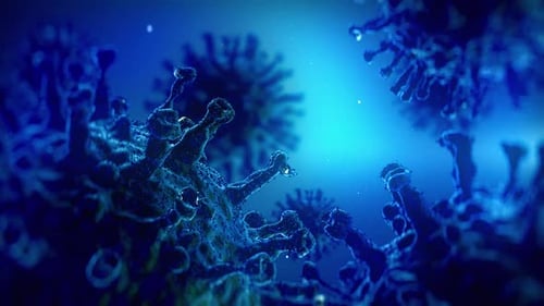 Animated Microscopic Pathogen Cells Floating Blue Background Loop