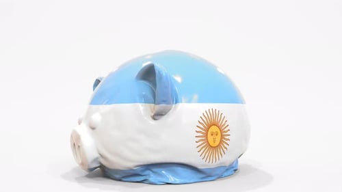 Argentine Flag Piggy Bank Deflating Animation for Economic Crisis Concept