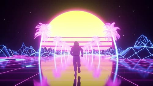 El astronauta corre rodeado de luces de neón
