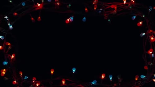 Christmas Lights Frame Twinkling on Black Background