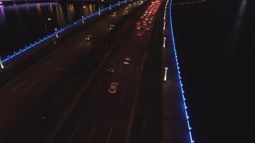 Aerial Drone Shot of Road Vehicles Night Traffic