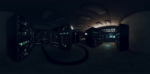 VR360 Futuristic Dark Data Center with Metal and Lights