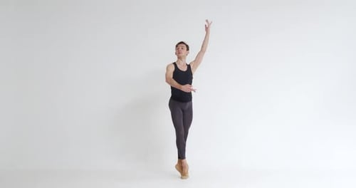 Elegant Male Ballet Dancer Performs Acrobatic Elements of a Ballet Dance on a White Background Slow