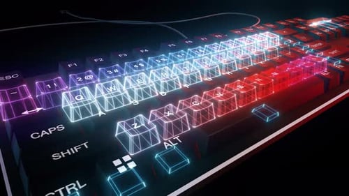 Futuristic Keyboard with Glowing Neon Lights and Data Flow Animation