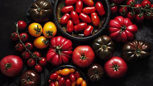 Various Kinds of Tomatoes Placed on Dark Rusty Table