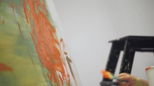 Boy Painting Orange Abstract Art on Canvas