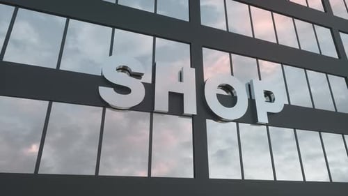 Shop Sign on a Modern Glass Skyscraper