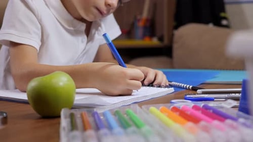 Diligent Child Writing in Notebook at Desk