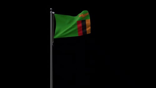 Zambia National Flag Waving on Flagpole Against Black