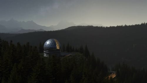 A modern astronomical observatory in a vast coniferous forest during night. 4KHD