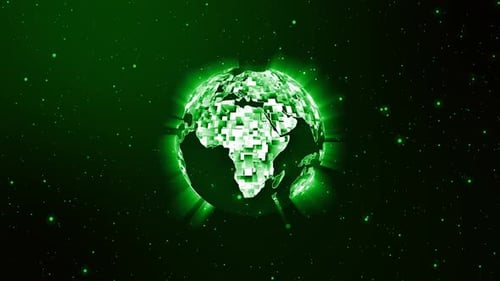 Glowing Green Pixelated Earth Digital Technology Loop Background