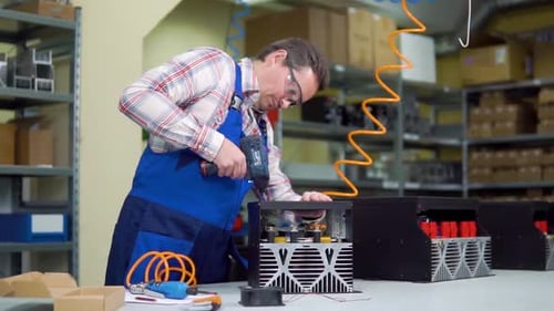 Un jeune travailleur en chemise et en salopette assemble des composants Électronique dans une usine de haute technologie
