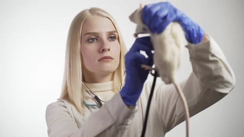 Veterinary Examining White Rat in Clinic Domestic Animals Healthcare Pets
