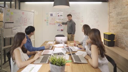 A group of multi ethnic business team talk, communicate, discuss, and work in meeting room office