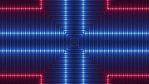 Abstract Neon Light Tunnel with Shifting Red and Blue Grid