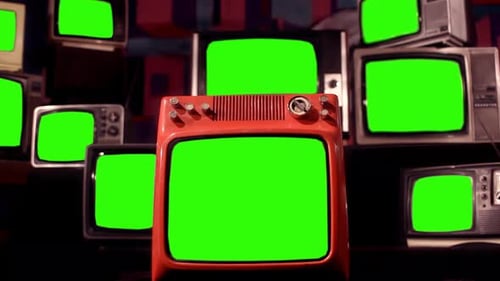 Old Vintage TVs Green Screen. 4K.