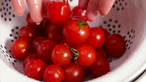 Hands Washing Fresh Cherry Tomatoes in Kitchen Colander
