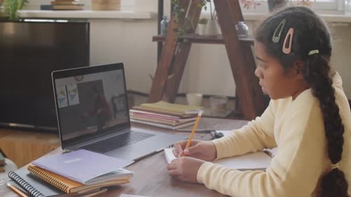 Afro-American Girl Having Online School Lesson via Web Call on Laptop