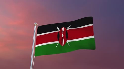 Animated Kenyan Flag Waving Against a Vibrant Sunset Sky