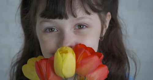 Young Girl Holds Bouquet of Colorful Tulips
