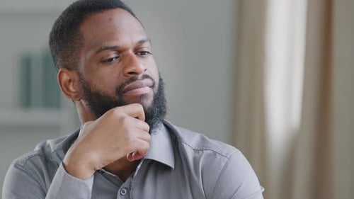 Headshot Pensive Student Young Biracial Professional Entrepreneur Planning Thinking of Hard Problem