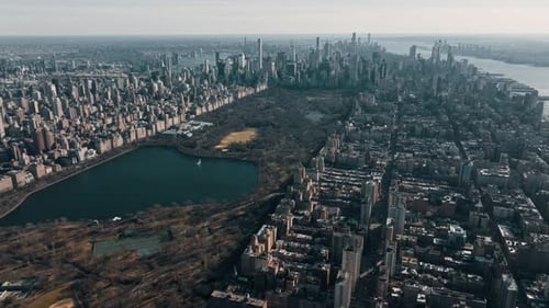 Aerial Drone Flight Above Green Central Park in Manhattan