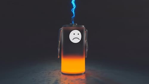 Divertida batería recargable vacía hecha de metal y vidrio que pierde energía Render 4K