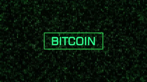 BITCOIN Text Over Computer Binary Background. BITCOIN Concept Over Binary Code and Matrix Background