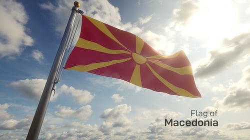 Realistic North Macedonia Flag Waving in Blue Sky