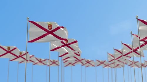 Many Waving Jersey Flags Against a Clear Blue Sky Animation
