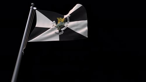 Realistic Waving Flag with Emblem on Black Background