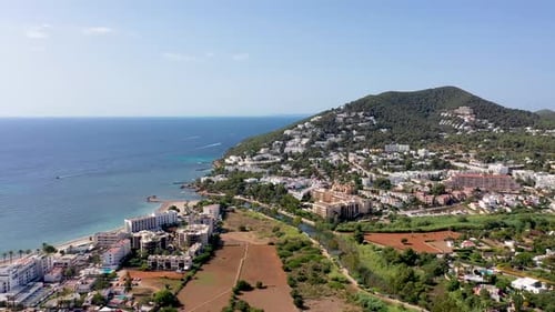 Aerial drone footage of the beautiful island of Ibiza, Spain in the Balearic islands