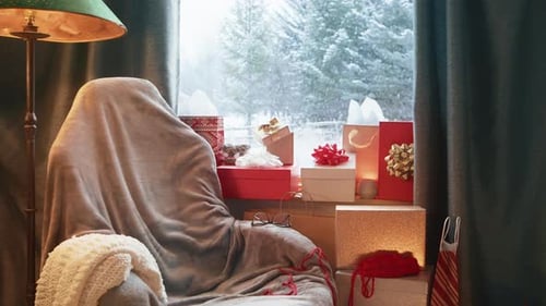 Christmas Background with Stack of Holiday Gifts Mountain Cabin Window Snowfall