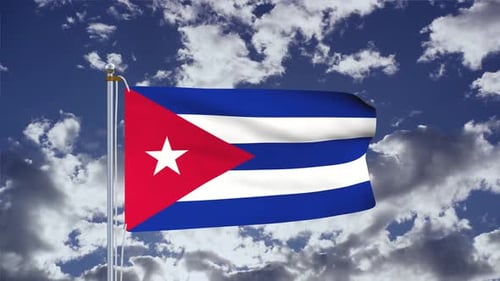 Animated Cuban Flag Waving Under a Cloudy Blue Sky