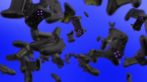 Floating Futuristic Game Controllers with Purple Glow