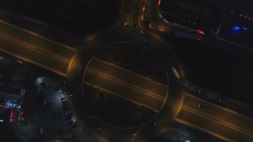 Roundabout Road with Night Traffic in City at Night. Night, Top View of Sofia, Bulgaria