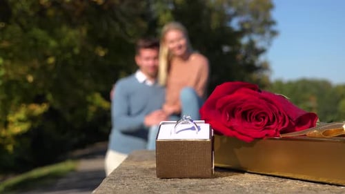 Closeup on a Wedding Ring, a Present and a Red Rose in a Park - a Happy Couple in the Background
